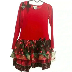 Bonnie Jean Girls Red Velour Floral Accent Tiered Christmas Dress. Size: 12